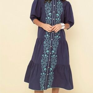 Sonmer Dress with Teal Embroidery